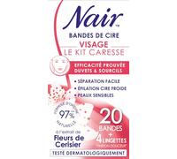 NAIR Kit carezza - Strisce di cera fredda per viso, facili da separare e adatte alle pelli sensibili, formula 97% di origine naturale all'estratto di fiori di ciliegio, 20 strisce di cera