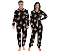 Naispanda Pigiama Intero Personalizzato per Donne e Uomini, Pigiama Intero Abbinato Personalizzato Pigiama con Viso Divertente Foto Flanella con Zip Tuta con Cappuccio per Natale Coppie Adulti, S-4XL
