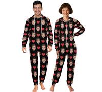 Naispanda Pigiama Intero Personalizzato per Donne e Uomini, Pigiama Intero Abbinato Personalizzato Pigiama con Viso Divertente Foto Flanella con Zip Tuta con Cappuccio per Natale Coppie Adulti, S-4XL