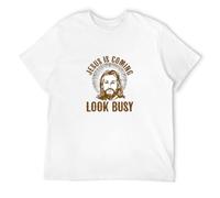 NAIYOUFABING Funny Men T Shirt Women Novelty Tshirt Jesus Is Coming Look Busy Religious Humor Very Funny White L