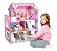 NAIZY Casa delle bambole Deluxe per bambini in legno Casa dei Sogni Dollhouse playset 70x60x24 cm rosa 3 piani con mobili e accessori villa delle bambole Casa del camper fai-da-te Villa dei sogni