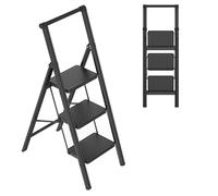 NAIZY Scala pieghevole a 3 gradini, piccola scala con ampia pedana e corrimano, colore nero, scala pieghevole in metallo, portata fino a 270 kg