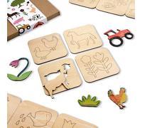 NAKLEO Stencil da Disegno in Legno per Bambini, Set da 20 pezzi 9.5x9.5cm Fattoria Animali, Montessori Modelli Gioco Educativo Creativo DIY Decorazioni Arte e Artigianato, Carta Muro Legno Tessuto