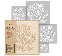 NAKLEO Stencil di Pittura per Bambini, Set di 5 Pezzi da 9x9 a 34x34cm Corallo Acquario Mare, Modelli Plastica e Riutilizzabili di Stanza Decorazione, Sagome DIY Fai-da-te, Mobili Muro Legno