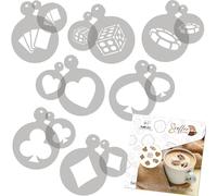 NAKLEO Stencil per Caffè e Biscotti Decorazione, 14 Pezzi 7x7 e 11x11cm, Stampini Plastica e Riutilizzabili, Carta Giochi Dadi, DIY Modello Latte Art Accessori, Cappuccino Torte Dolci Pasticceria