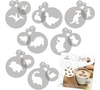 NAKLEO Stencil per Caffè e Biscotti Decorazione, 14 Pezzi 7x7 e 11x11cm, Stampini Plastica e Riutilizzabili, Dinosauri Giurassico, DIY Modello Latte Art Accessori, Cappuccino Torte Dolci Pasticceria