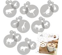 NAKLEO Stencil per Caffè e Biscotti Decorazione, 14 Pezzi 7x7 e 11x11cm, Stampini Plastica e Riutilizzabili, Animali Savana, DIY Modello Latte Art Accessori, Cappuccino Torte Dolci Pasticceria