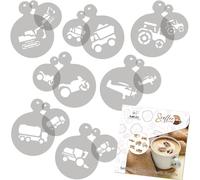 NAKLEO Stencil per Caffè e Biscotti Decorazione, 14 Pezzi 7x7 e 11x11cm, Stampini Plastica e Riutilizzabili, Trasporti Auto Trattore, DIY Modello Latte Art Accessori Cappuccino Torte Dolci Pasticceria