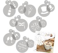 NAKLEO Stencil per Caffè e Biscotti Decorazione, 14 Pezzi 7x7 e 11x11cm, Stampini Plastica e Riutilizzabili, Vigilia di Capodanno, DIY Modello Latte Art Accessori, Cappuccino Torte Dolci Pasticceria