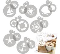 NAKLEO Stencil per Caffè e Biscotti Decorazione, 14 Pezzi 7x7 e 11x11cm, Stampini Plastica e Riutilizzabili, Mare Nave Ancora, DIY Modello Latte Art Accessori, Cappuccino Torte Dolci Pasticceria