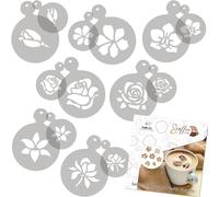 NAKLEO Stencil per Caffè e Biscotti Decorazione, 14 Pezzi 7x7 e 11x11cm, Stampini Plastica e Riutilizzabili, Fiori Rosa Ragno, DIY Modello Latte Art Accessori, Cappuccino Torte Dolci Pasticceria