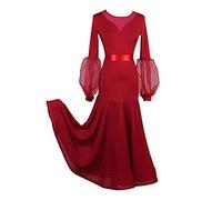 NAKOKOU, vestito da donna per sala da ballo e danza, vestito da valzer standard, vestito da danza con cintura in vita, busto in rete, orlo grande, manica a lanterna, Donna, NKKD-LT347-1, Rosso