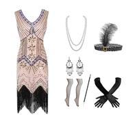 NaLatia Abito Anni 20 Donna, 1920s Vestito da Flapper con Frange, Vestito Charleston, Abito Vintage con Accessori Anni '20 Donna, 1920s Costume per Carnevale Feste 7PCS