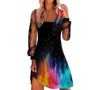 NaLatia Abito da Donna con Paillettes Corto Curvy Abiti da Cerimonia Elegante Rosso Vestiti per Natale Maniche Lunghe Abiti per Capodanno Scollo a V Vestiti da Sposa Festa Oro Abito da Sera