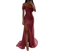 NaLatia Abito da sera lungo, elegante, per matrimonio, da donna, in tinta unita, con spalle scoperte, maxi abito da festa, da donna, sexy, con brillantini, lunghezza al ginocchio, da sposa, da