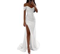 NaLatia Abito da sera lungo, elegante, per matrimonio, da donna, in tinta unita, con spalle scoperte, maxi abito da festa, da donna, sexy, con brillantini, lunghezza al ginocchio, da sposa, da