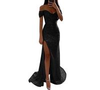 NaLatia Abito da sera lungo, elegante, per matrimonio, da donna, in tinta unita, con spalle scoperte, maxi abito da festa, da donna, sexy, con brillantini, lunghezza al ginocchio, da sposa, da