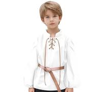 NaLatia Camicia da Pirata per Bambini con Lacci e Colletto Ritto - Bianco Camicia Medievale
