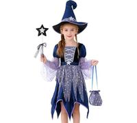 NaLatia Costume da Strega Bambini, 4 Pezzi Carnevale Costume di Streghetta, Abito + Cappello + Bacchetta Magica + Borsa, Abito da Strega per Feste, Compleanni e Party di Halloween