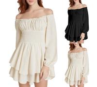 NaLatia Costume Pirata Donna Vestito Bianco Donna Volant Abito Corto Boho Bianco Medievale Donne a Maniche Lunghe con Senza Spallin in Tinta Unita per Feste Carnevale Pirata