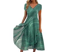 NaLatia Donna Vestito Elegante Lungo Abito da Sera Collo a v Manica Corta Stampa Chiffon Curvy Aderente Estivo Taglie Forti Maxi da Cerimonia A-Linie Cocktail