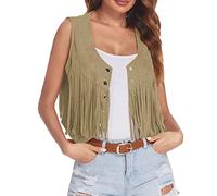 NaLatia Gilet Donna Costume da carnevale da donna, in finta pelle scamosciata, con frange, etnica, senza maniche, con nappe, in ecopelle, bolero blazer, per attività all'aria aperta, cardigan