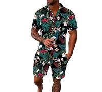 NaLatia Men's Spring/summer Leisure Sports Hawaii Beach Style Stitching Stripe Print Short Sleeved Shirt Pants Two Piece Set