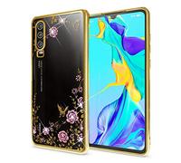 NALIA Brillantini Custodia compatibile con Huawei P30, Glitter Copertura Sottile Silicone Cellulare Protezione, Fiori Cover Morbido Case Ultra-Slim Protettiva Scintillio Telefono Bumper - Gold Oro