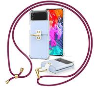 NALIA Cover Chiaro con Cordino compatibile con Samsung Galaxy Z Flip4 Custodia, Trasparente Copertura con Anello & Banda da Appendere al Collo, Dorso Rigido & Bordi Silicone, Colore:Rosso