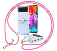 NALIA Cover Chiaro con Cordino compatibile con Samsung Galaxy Z Flip4 Custodia, Trasparente Copertura con Anello & Banda da Appendere al Collo, Dorso Rigido & Bordi Silicone, Colore:Pink