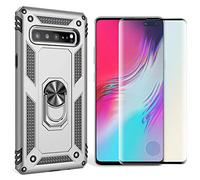 NALIA Cover + Vetro Temperato compatibile con Samsung Galaxy S10 5G, 9H Tempered Glass & Custodia con Anello Girevole 360 Gradi, Supporto Magnetico Auto, Hard-Case & Silicone Bumper, Colore:Argento