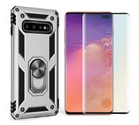 NALIA Cover + Vetro Temperato compatibile con Samsung Galaxy S10 Plus, 9H Tempered Glass & Custodia con Anello Girevole 360 Gradi, Supporto Magnetico Auto, Hard-Case & Silicone Bumper, Colore:Argento