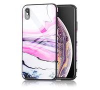 NALIA Custodia Rigida compatibile con iPhone X/XS, Marmo Disegno Cover in 9H Vetro Temperato & Silicone Bumper, Protettiva Hard-Case Resistente Copertura Antiurto Sottile, Colore:Rosa Viola