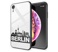 NALIA Custodia Rigida compatibile con iPhone XR, Cover con Design Originale di Berlino in 9H Vetro Temperato & Silicone Bumper, Antigraffio Motivo Case Copertura, Motiv:Berlin Skyline Biancone