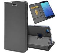NALIA Flip Cover compatibile con Huawei P10 Lite, Custodia Sottile Verticale Case Protettiva Ecopelle magnetico, Similpelle Protezione Book-Case Telefono Cellulare Slim full-body, Colore:Nero Grigio