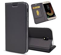NALIA Flip Cover compatibile con Samsung Galaxy J5 2017, Custodia Sottile Verticale Case Protettiva Ecopelle magnetico, Similpelle Protezione Telefono Cellulare Slim full-body, Colore:Nero Grigio