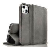 NALIA Flip Cover Vera Pelle compatibile con iPhone 15 Custodia, Pelle Di Vacchetta Fatto A Mano Protezione RFID Slot Per Carte Funzione Stand, 360-Gradi Case Copertura Dura, Colore:Grigio Scuro