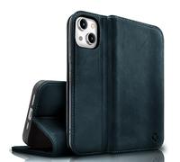 NALIA Flip Cover Vera Pelle compatibile con iPhone 15 Custodia, Pelle Di Vacchetta Fatto A Mano Protezione RFID Slot Per Carte Funzione Stand, 360-Gradi Case Copertura Dura, Colore:Blu Scuro