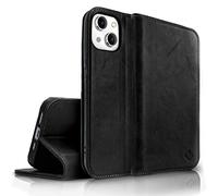 NALIA Flipcover in Vera Pelle compatibile con iPhone 14 Plus Custodia, Fatto a Mano 100% Pelle di Vacchetta Copertura con Protezione RFID, Slot per Carte & Funzione Stand, Cover Duro, Colore:Nero
