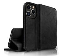 NALIA Flipcover in Vera Pelle compatibile con iPhone 14 Pro Custodia, Fatto a Mano 100% Pelle di Vacchetta Copertura con Protezione RFID, Slot per Carte & Funzione Stand, Cover Duro, Colore:Nero