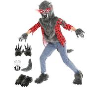 Nalmits Costume di Halloween da lupo mannaro per ragazzi, deluxe con maschera con occhi rossi luminosi, guanti, scarpe, coda, zanne, travestimento per bambini, maschera horror, per feste e cosplay