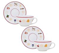 NAMAI - Set di 2 Tazze Natalizie con Piattino, Porcellana Resistente, 250 ML, 11 CM x 7 CM, Adatte in Lavastoviglie e Microonde, Idea Regalo, Set Colazione Natale (2 Jumbo + Piattino)