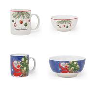 NAMAI - Set di 2 Tazze Natalizie e 2 Ciotole Natalizie, 310 ML, Eleganza Natalizia, Porcellana Resistente, Adatte In Lavastoviglie e Microonde, Tazze Colazione, Idea Regalo (Babbo + Vischio)