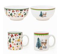 NAMAI - Set di 2 Tazze Natalizie e 2 Ciotole Natalizie, 310 ML, Porcellana Resistente, Adatte In Lavastoviglie e Microonde, Tazze Colazione, Idea Regalo (Renna + Schiaccianoci)