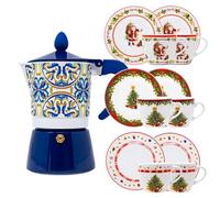 NAMAI - Set di 6 Tazzine Caffe Natalizie Con Piattino + Caffettiera 3 Tazze, Porcellana e Alluminio, Tazzine Caffè Natalizie, Caffetteria da 3, Idea Regalo (tazzine + caffettiera)