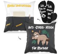 Namalu Set Regalo Pensione 1 Anti-Stress-Kissen für Rentner Copricuscini Decorativi e 1 Paio Ich Bin in Rente Ich Muss Gar Nix Calzini da Pensione Regalo per Colleghe(Grigio Nero,Classico)
