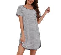 Namatime Camicia da notte da donna, a maniche corte, in cotone, estiva, girocollo, a strisce, taglie S-XXL, grigio scuro + bianco, M