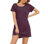 Namatime Camicia da notte da donna, a maniche corte, in cotone, estiva, girocollo, a strisce, taglie S-XXL, blu marino e rosso, L