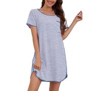 Namatime Camicia da notte da donna, a maniche corte, in cotone, estiva, girocollo, a strisce, taglie S-XXL, azzurro + bianco, M