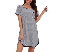 Namatime Camicia da notte da donna, a maniche corte, in cotone, estiva, girocollo, a strisce, taglie S-XXL, Marino+bianco, L